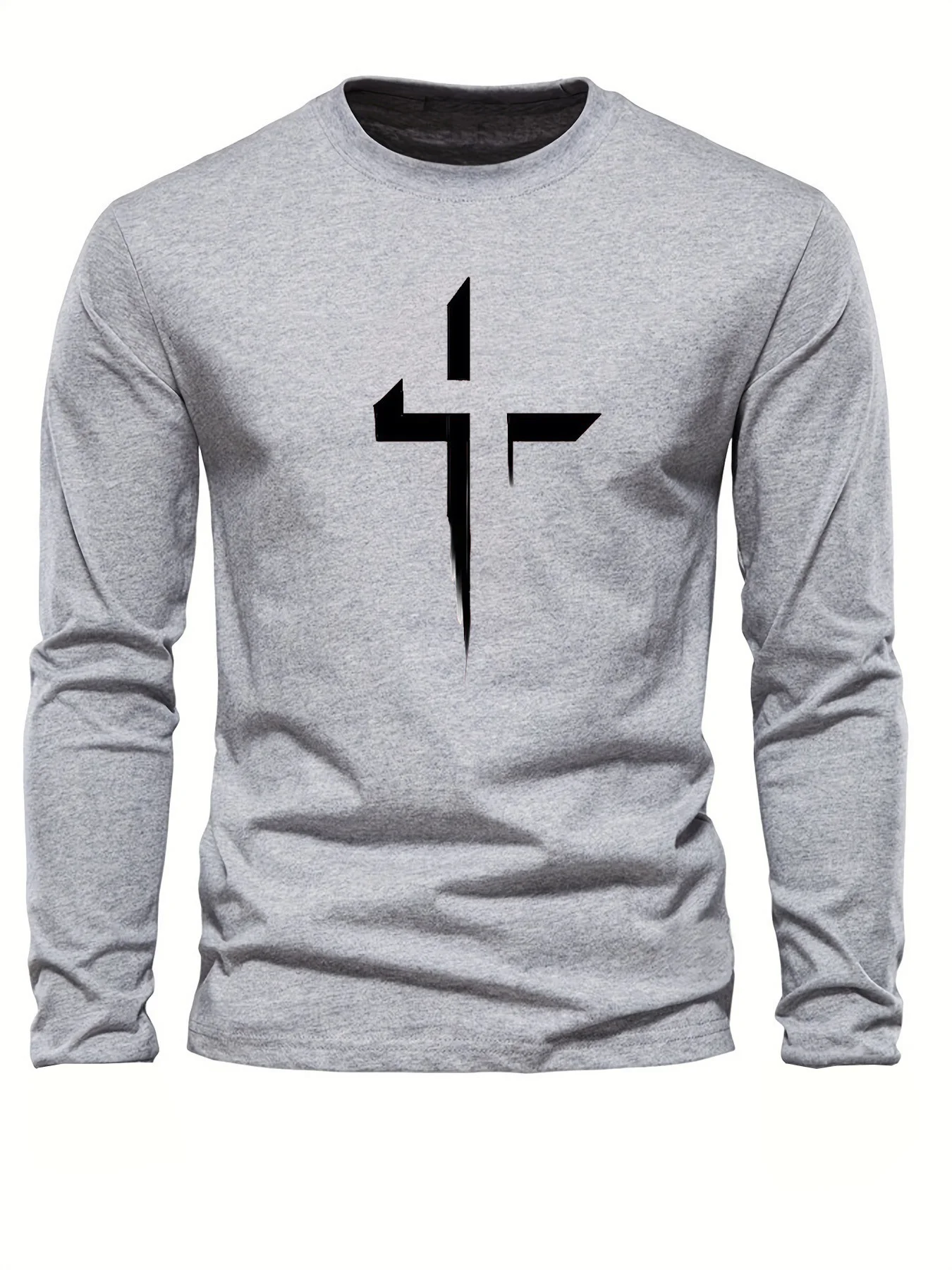 تي شيرت رجالي 100% من القطن الخالص فضفاض مقاس كبير مريح كاجوال رياضي مطبوع برقبة دائرية وأكمام طويلة #5