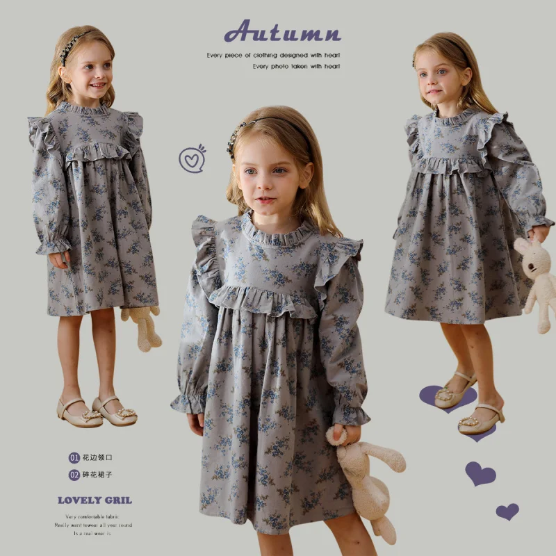 

24Children's Autumn Clothing French Print Ruffled Stand Collar Girl Dress Cotton Long Sleeve Western Style Children's Skirt