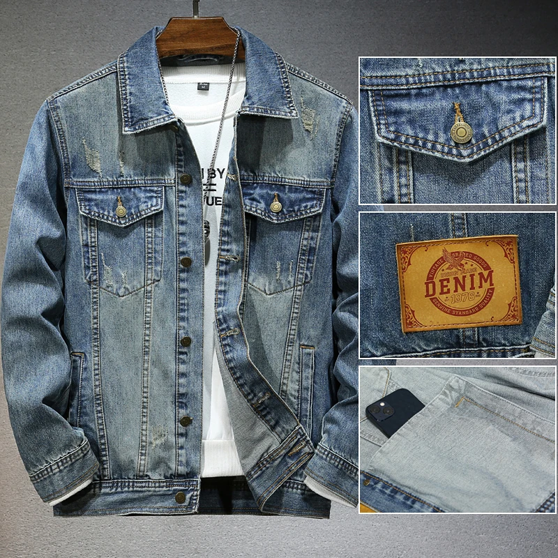 New High-End Distressed Retro Blue Trendy Workwear With Multiple Pockets Denim Jacket For Men