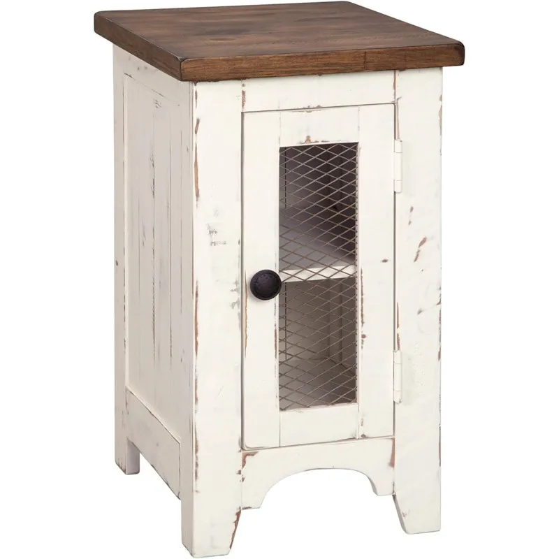 Wystfield Farmhouse Chair Side End Table with Cabinet Door for Storage, Distressed Finish