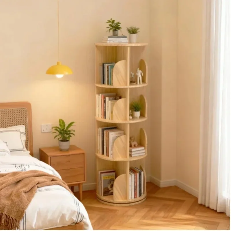 360 °   Drehbares Bücherregal, 4-stufiges rundes Eckregal aus Holz, Aufbewahrungsregal, Ø39cm × H129cm, für Kinderzimmer & Schlafzimmer