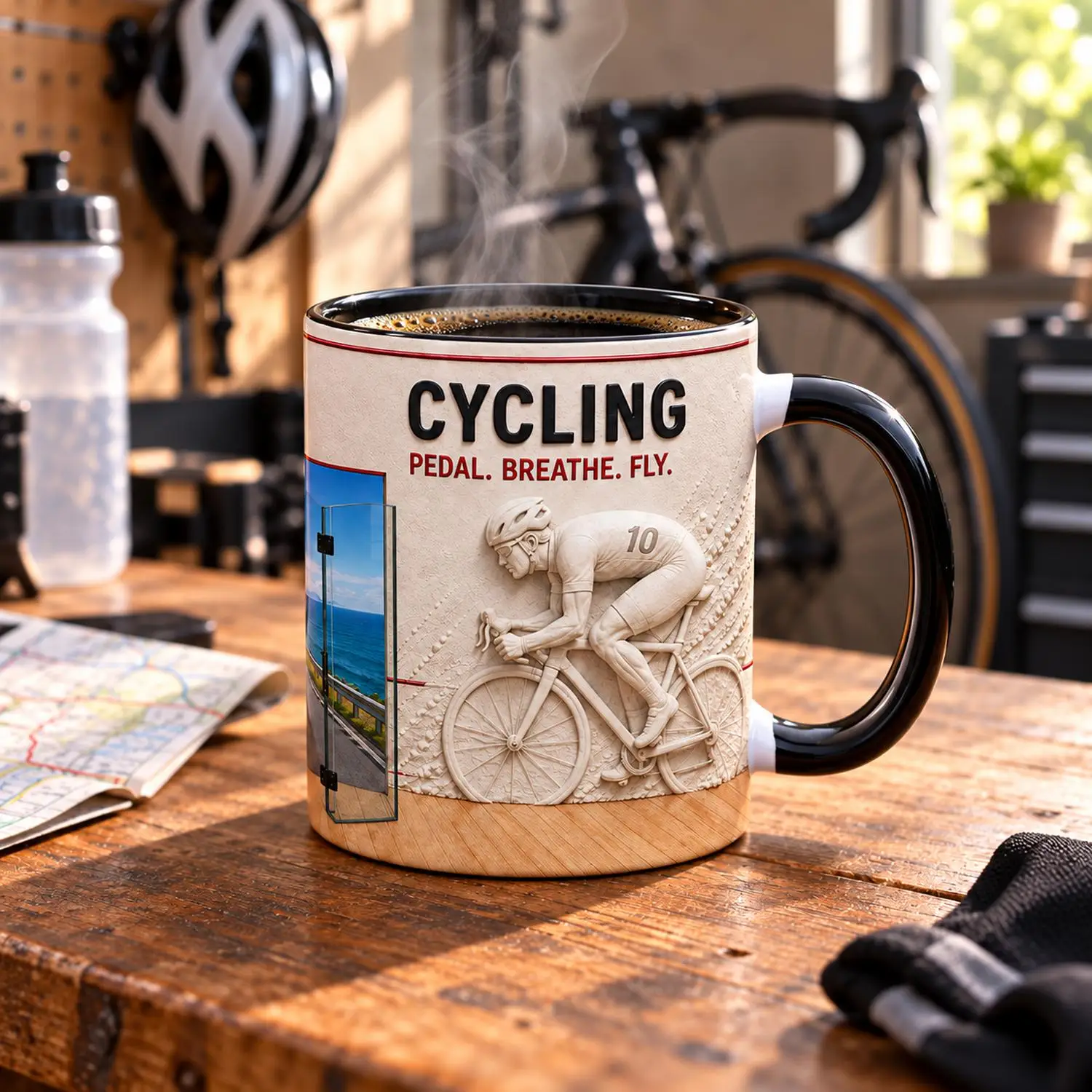 Custom Cycling Coffee Mug 11oz Ceramic Cup 325ml, Cyclist Print, Pedal Breathe Fly Slogan, Add Your Name, Gift for Cyclists