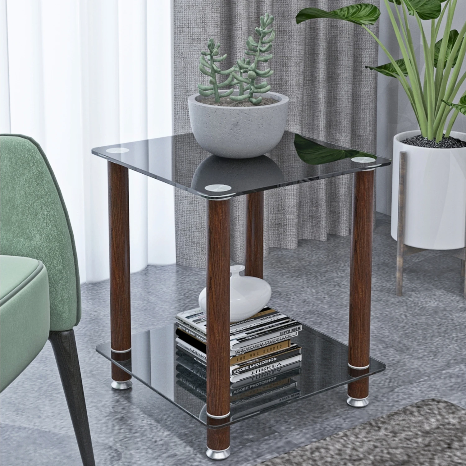 

1-Piece Black + Walnut Side Table , 2-Tier Space End Table ,Modern Night Stand, Sofa table, Side Table with Storage Shelve