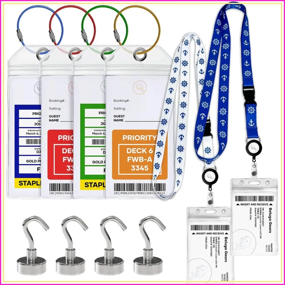 Cruise Essentials 2026 - Luggage Tags 4 with Zip Seal and Steel Loops + 2 Lanyard Detachable ID Holder + 4 Magnetic Hooks 27lbs - Fits All Cruise Lines