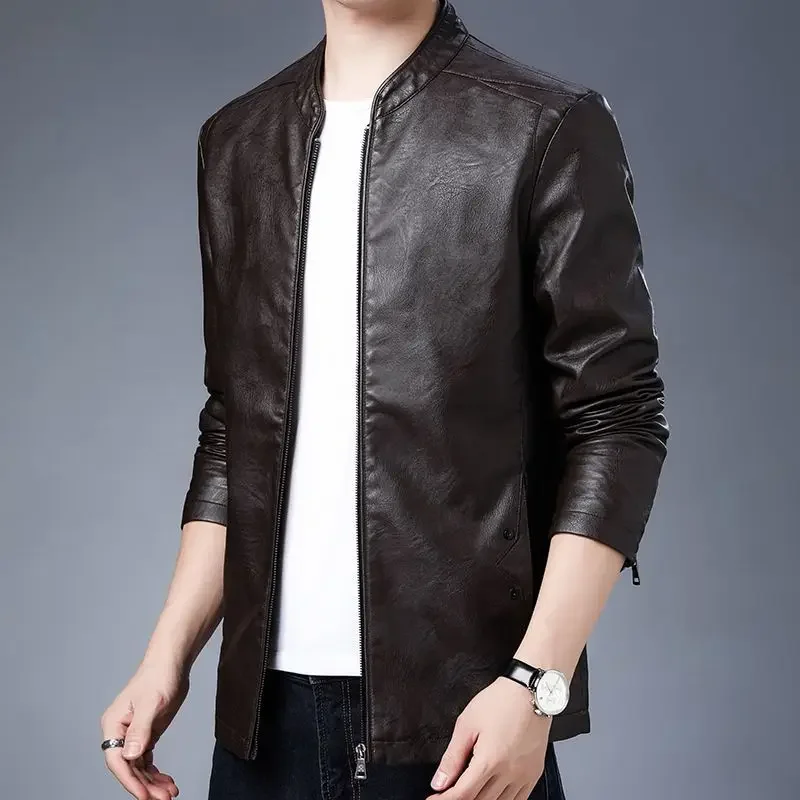 

Men's PU Leather Jacket Korean Style Trendy Slim Fit Winter Coat Warmth Casual Badass Streetwear
