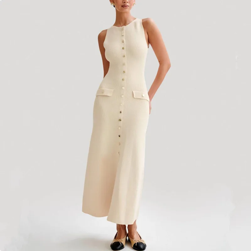 

Женское трикотажное платье без рукавов, Элегантное однобортное длинное облегающее платье с круглым вырезом, лето 2024