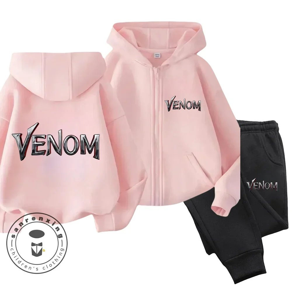 2025 Disney Venom Cartoon Children Hoodie + Pants 2pcs Zipprt Set Fashion Clothing Boys Girls Sweatshirt Kid Sportsuit