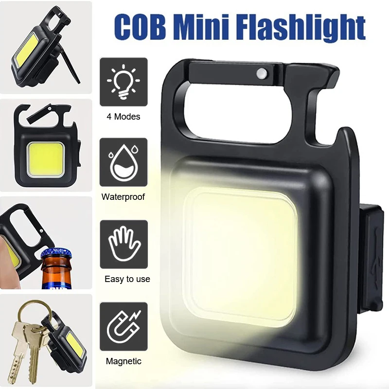 Portátil Mini LED trabalhando luz, lanterna de bolso, USB recarregável, luz chave, lanterna, camping, fora, caminhadas, lanterna COB