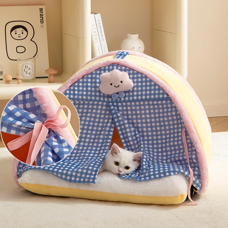 Semi-Enclosed Cat Kennel Bed Teepee Tent Mattress Cute Decorative PP Cotton Filling Warm Breathable Cats Household Pet Supplies