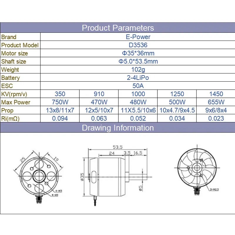 Motor sin escobillas D3536, 750KV, 1000KV, 910KV, 1250KV, funcionamiento de bajo ruido, gran par, helicóptero, piezas de avión de ala fija, nuevo 3536