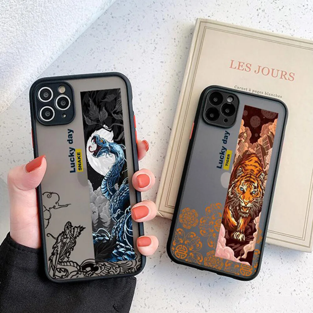 Mythical Animal Pattern Phone Case for IPhone 14 13 12 11 Pro XS MAX X 7 XR 8Plus SE2 Dragon Tiger Camera Protection Matte Cover