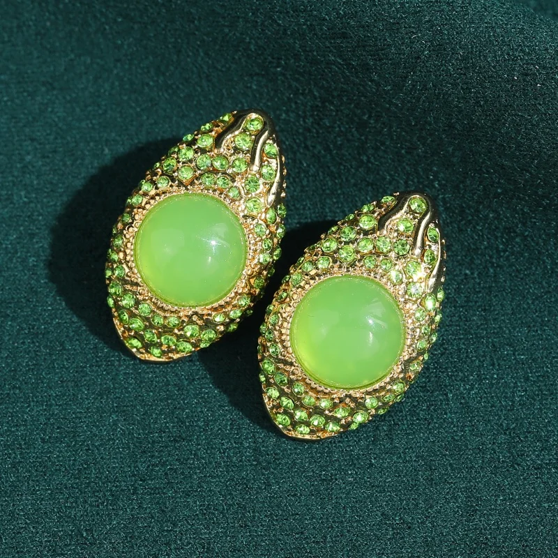 

Vintage Imitation Hotan Earrings Jade Round Green Rhinestone Jewelry For Woman Trendy Luxury High Quality Antique Wedding Party