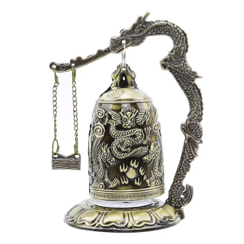 Exquisite Antique Home Decoration Zinc Alloy Vintage Style Bronze Slot Dragon Carved Buddhist Bell Chinese Geomantic Artware 1PC