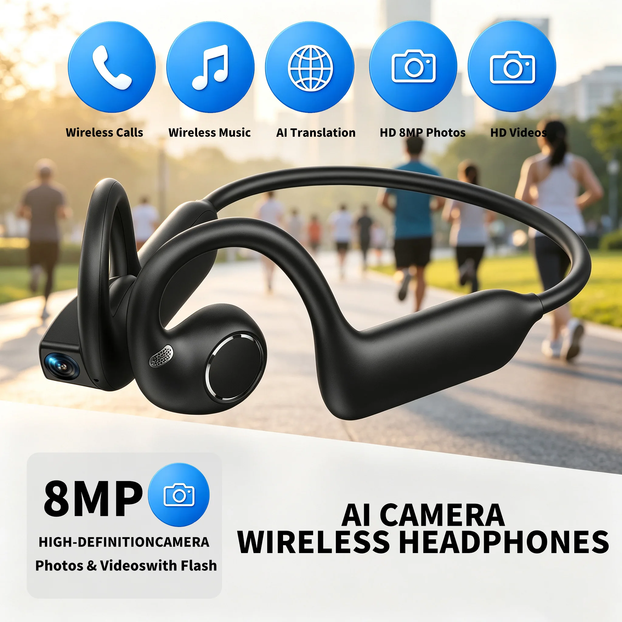 E12 Open Ear Headphones with HD Camera AI Voice Translator Wireless Bluetooth Sports Earphones for Running Cycling Vlog - view 5
