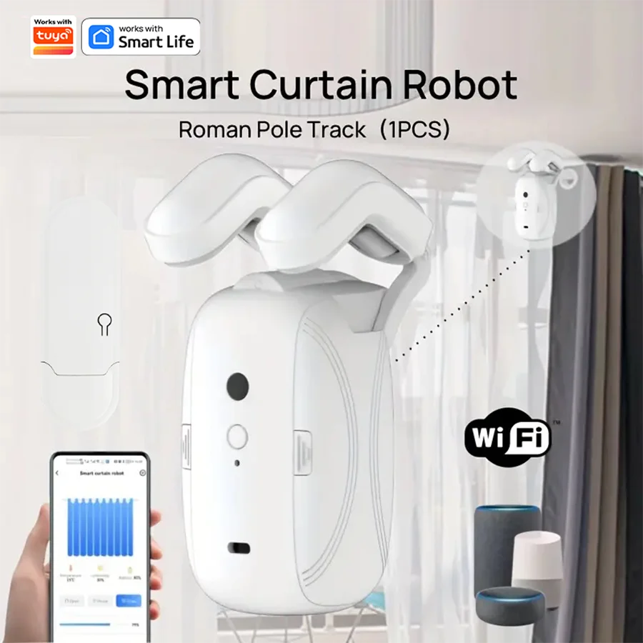 1/2pcs Wi-Fi Smart Curtain Robot with Voice Control, Roman Rod Track, App Remote Control, Alexa & Google Home Compatibility