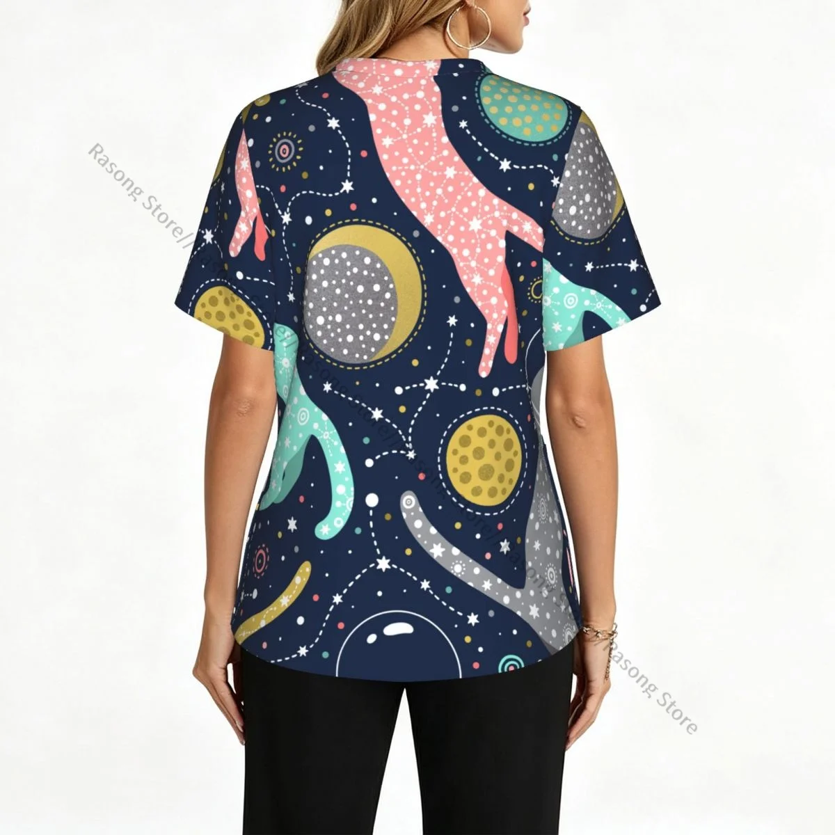 Women Scrub Top Cosmic Cats Astronauts In Helmets Floating In Space Short Sleeve Nurse Hospital Uniforms Female Working Clothes
