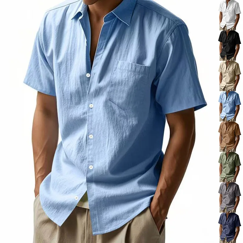 

New solid color linen shirt short-sleeved men's lapel loose casual pocket American shirt men's summer