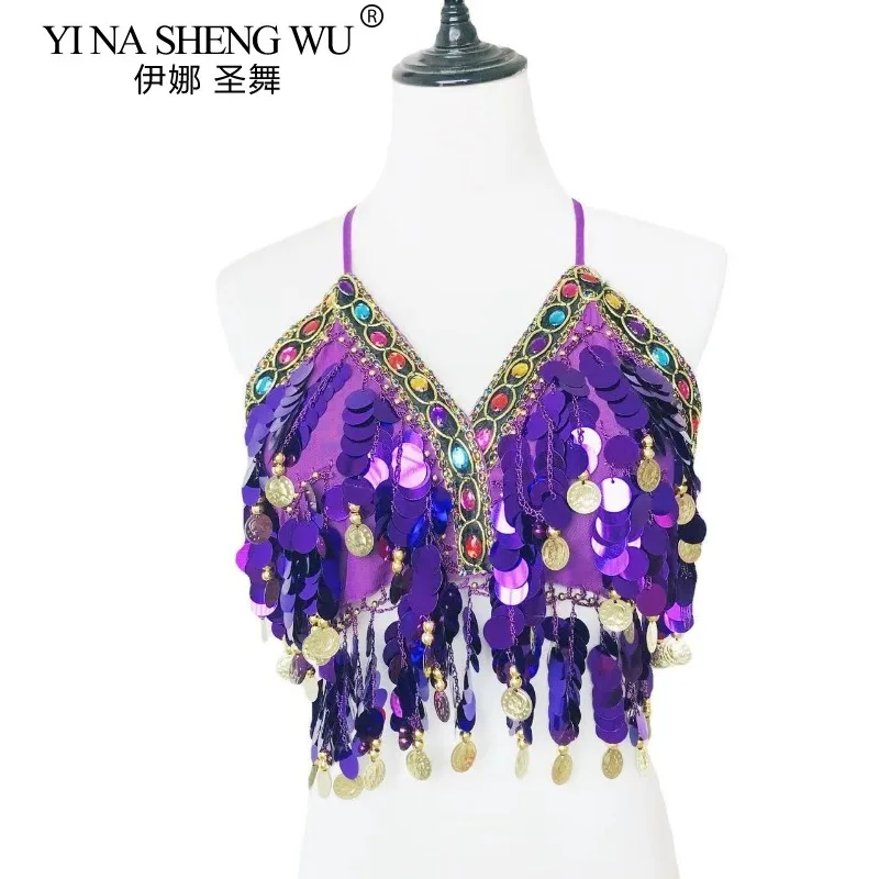 المرأة ملابس رقص البطن الترتر الصدرية الأعلى الكبار مثير عارية الذراعين قوس قزح الترتر شرابة السباغيتي حزام أعلى حجر الراين عملات أعلى