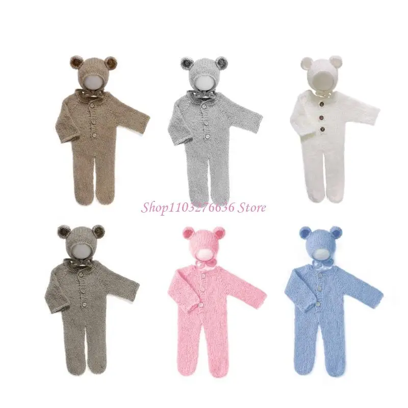 

R6FD Baby Photography Props Mohair Bear Hat & Footed Romper for Baby Photo Props Bodysuit Newborn Photo Outfits Gift
