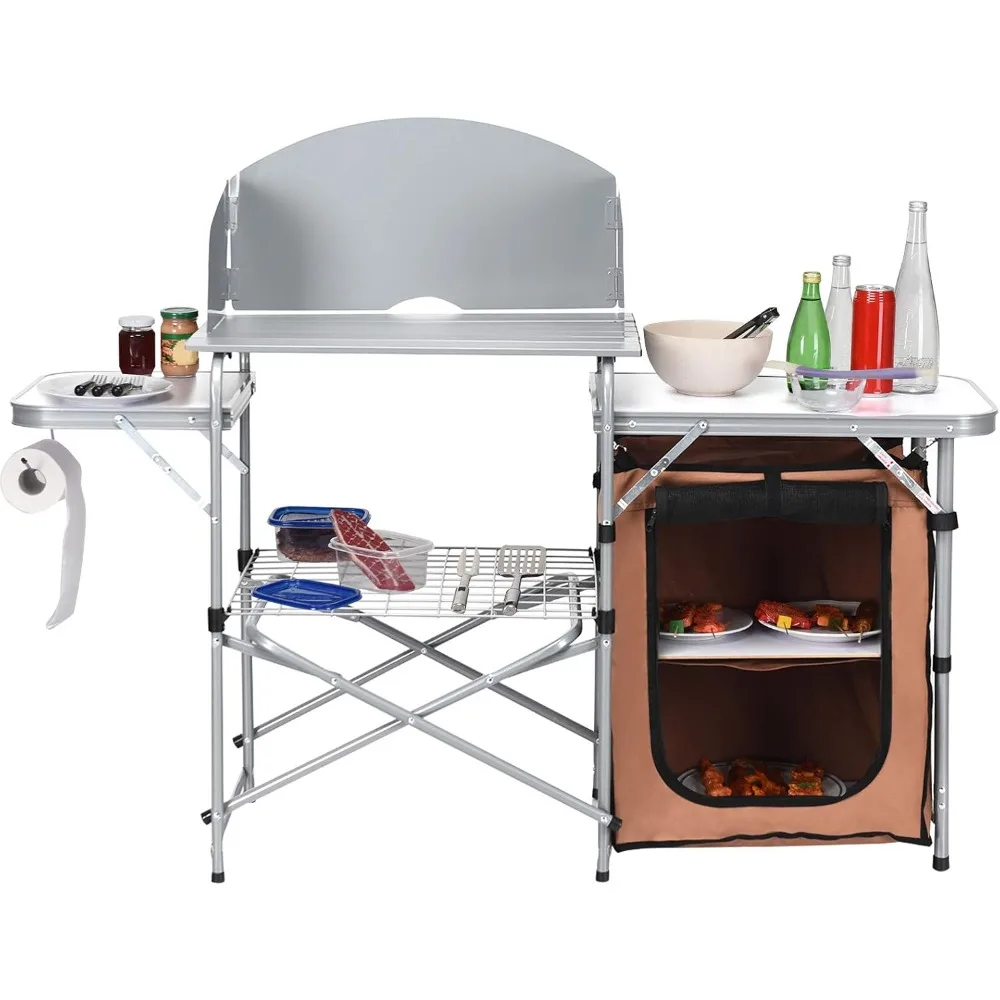 

Camping Kitchen Table, Portable Outdoor Cooking Table with Storage, 26'' Tabletop, Detachable Windscreen, Camp Cook Station, Fo