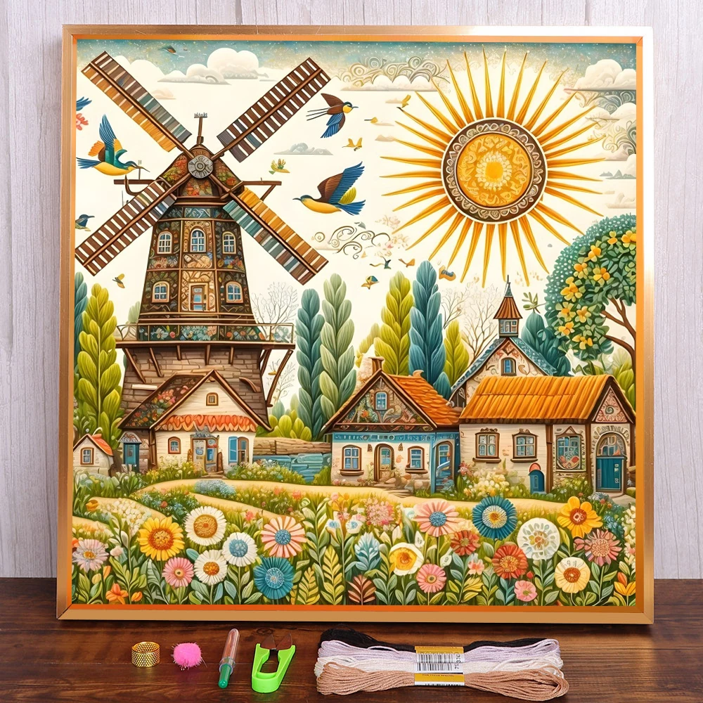 

Landscape Windmill Printed Canvas Cross-Stitch Embroidery Patterns Handiwork Painting Sewing Knitting Jewelry Floss Promotions