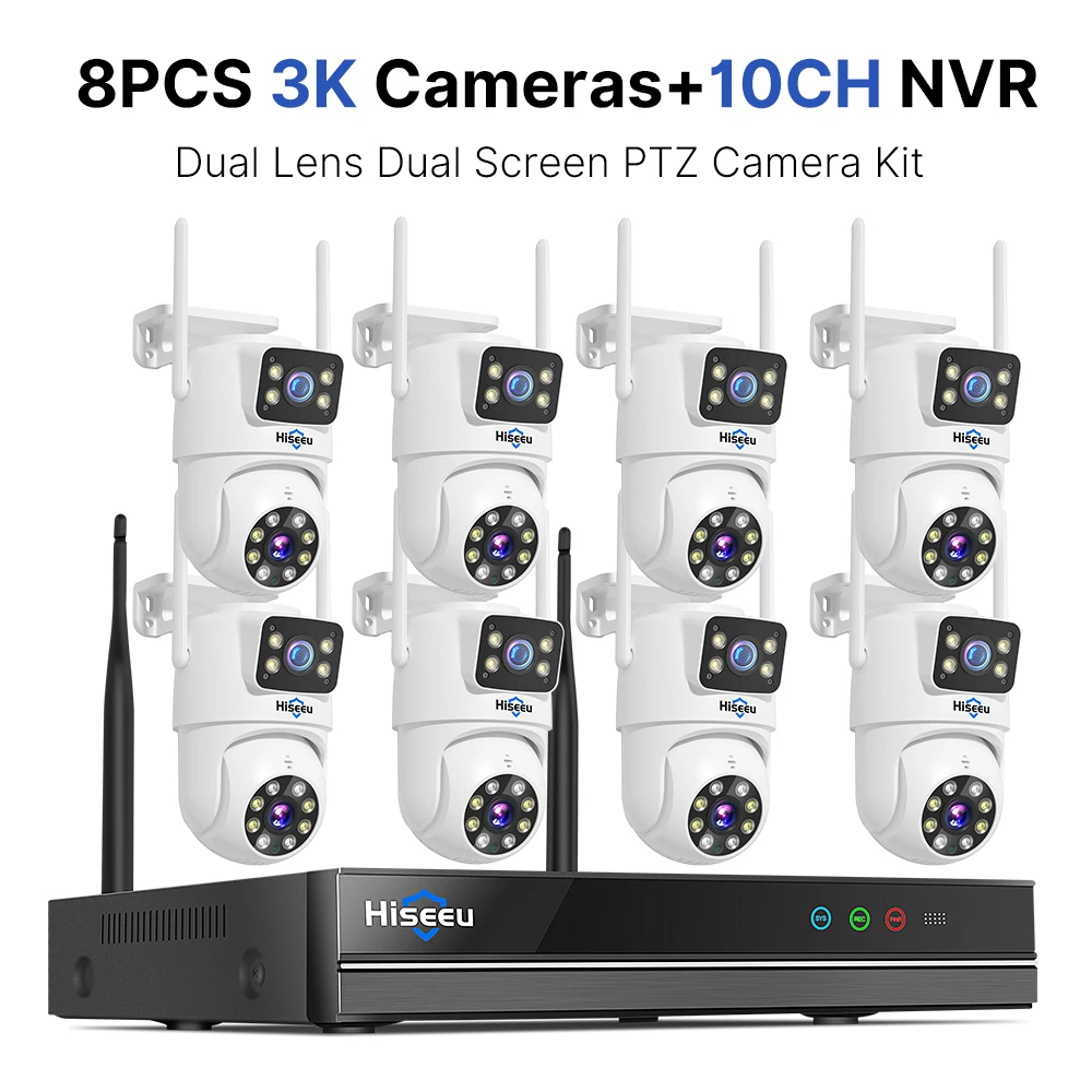 Hiseeu 3K 6MP Dual Lens WiFi CCTV Surveillance Kit Automatische Tracking Kleuren Nachtzicht P2P 10CH NVR IP Camera's Beveiligingssysteem