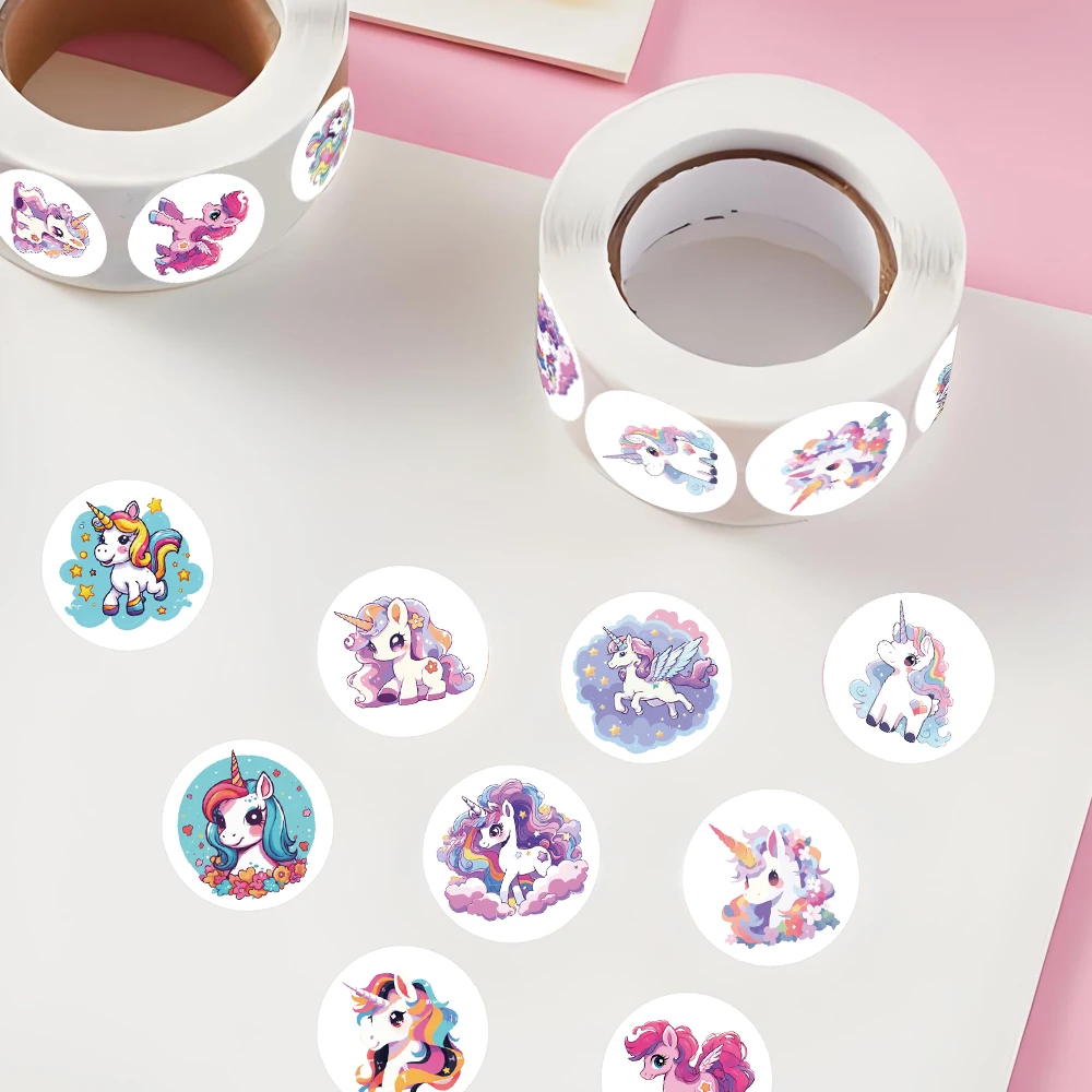 500PCS/Roll Cute Rainbow Unicorn Circular Roll Stickers Creative and Interesting Decorative Clipbook Invitation Envelope Phone