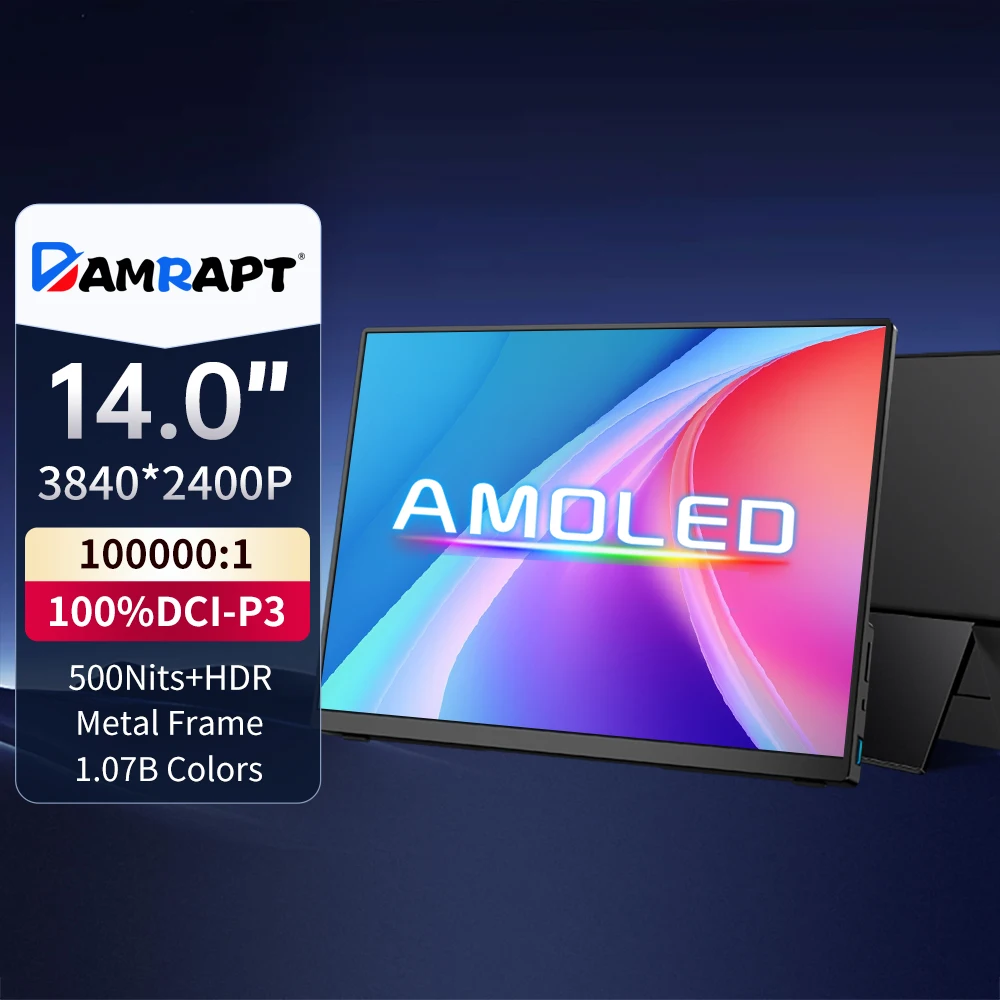 Damrapt 14'' UHD Portable Oled Monitor 4K 16:10 500nits Metal Frame with Stand for Laptop PC Smart Phone Xbox Gaming Display