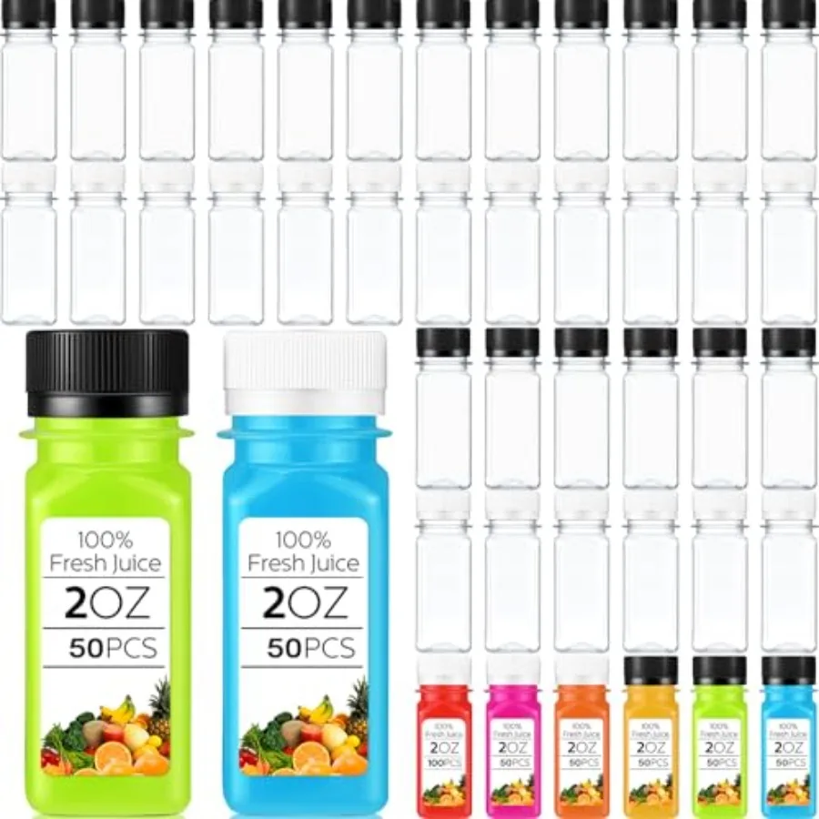 

100 шт. маленьких прозрачных пластиковых бутылок для сока объемом 2 унции с крышкой, многоразовые, для жидкостей, для имбирных напитков, контейнеры для напитков, герметичные