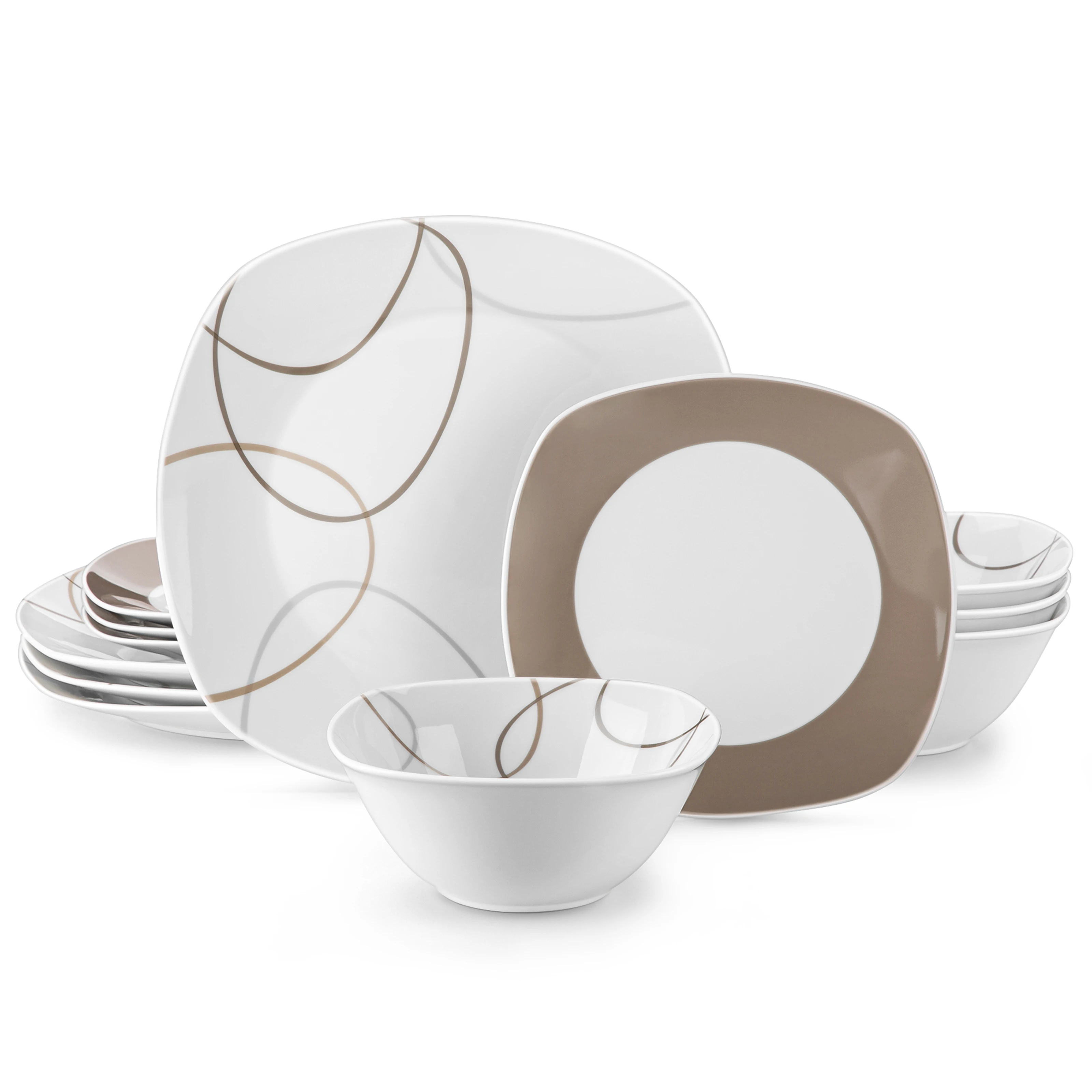 VEWEET 12/24 Piece Ceremic Plate Dinner Sets White Porcelain Dinnerware Setwith Brown Lines Dinner/Dessert/Bowl Service for 4/8