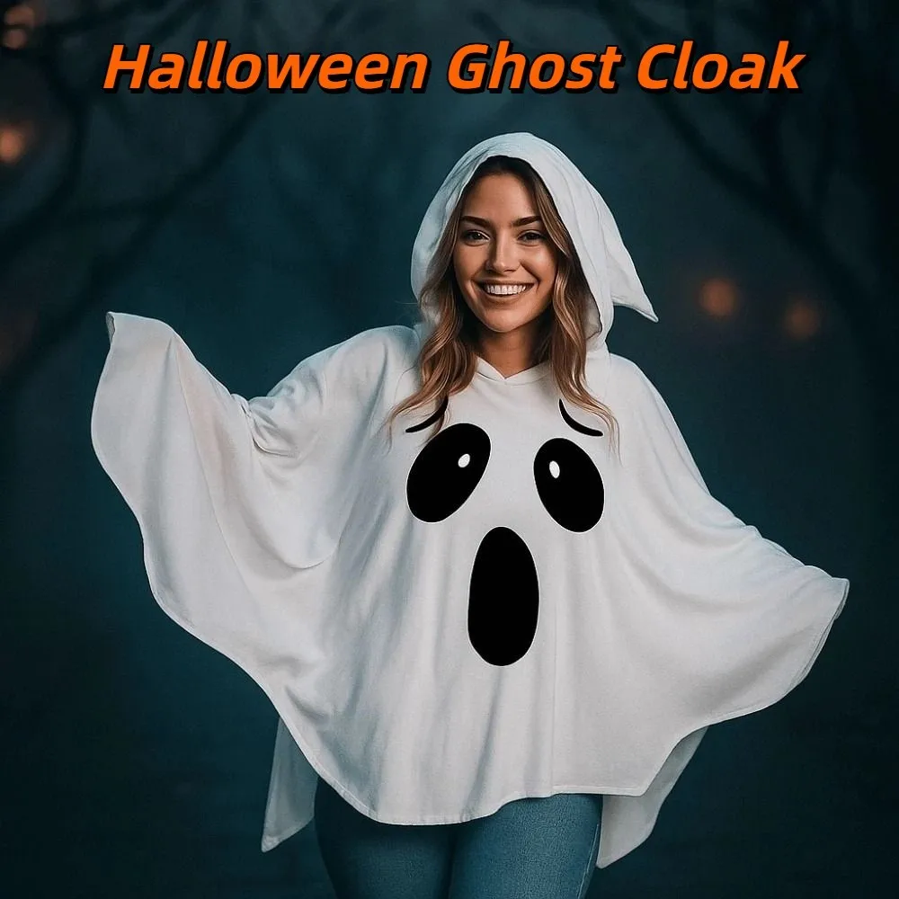 

Funny White Halloween Cloak Cape Fright Clothes Black Eye Ghost Poncho Robe Full Suit with Hat Pumpkin Cloak Masquerade