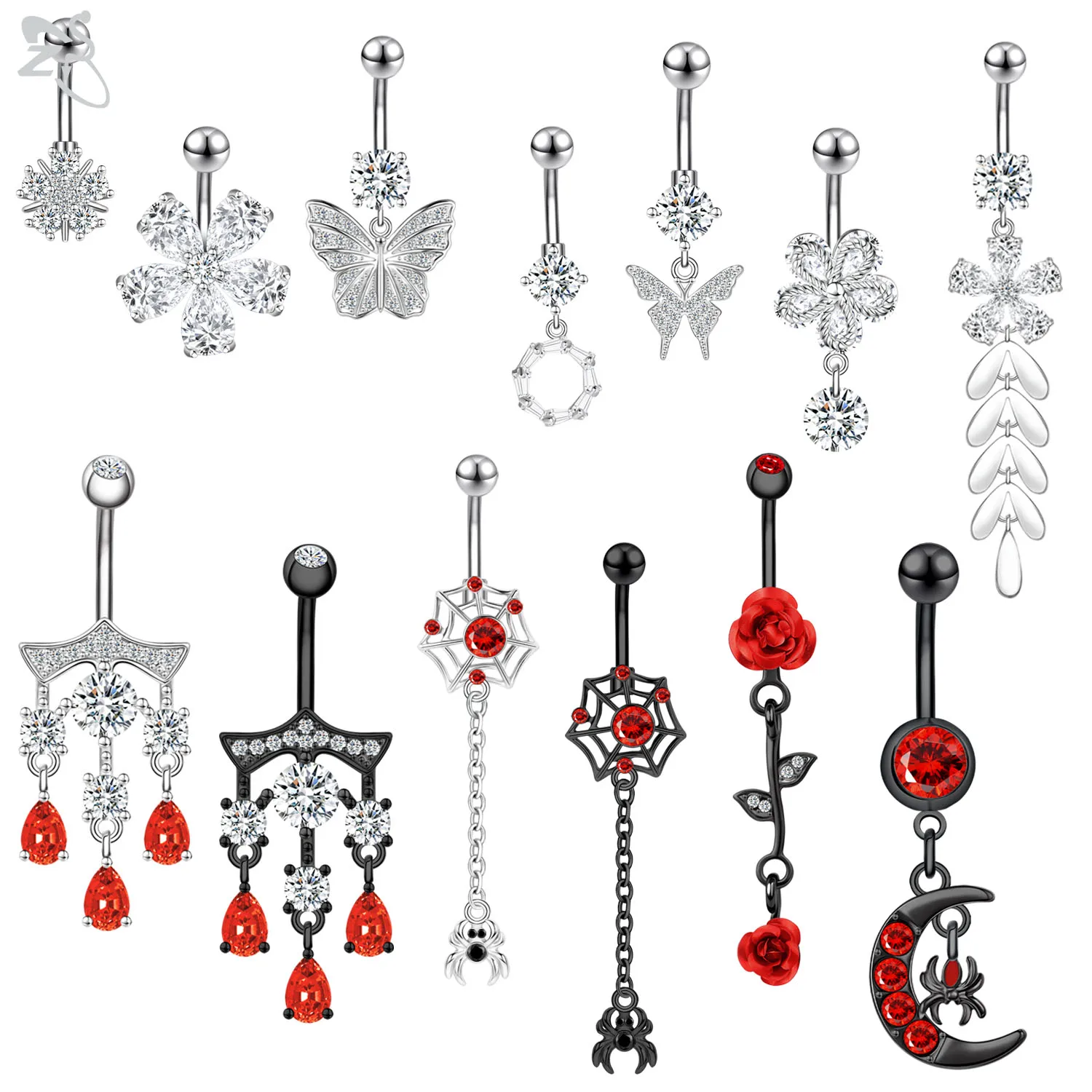 

ZS 1PC 14G Red Crystal Pendant Belly Button Rings For Women Stainless Steel Navel Piercings Moon Spider Butterfly Belly Ring