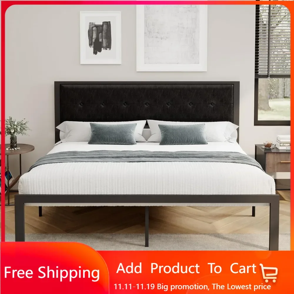 King Size Bed Frames with Faux Leather Headboard for Kids, Platform Bed Frame with 12.4” Underbed Storage, No Box Spring Needed