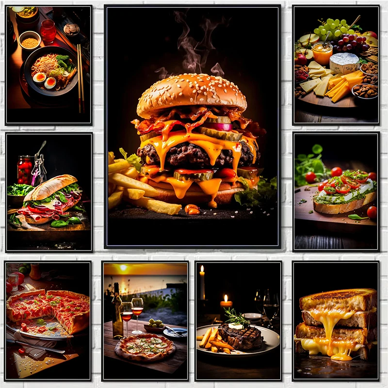 1pc frameless Canvas Painting Food Poster Meat Burger Pizza Prints Canvas Painting Restaurant Decoration Wall Art Picture Home K