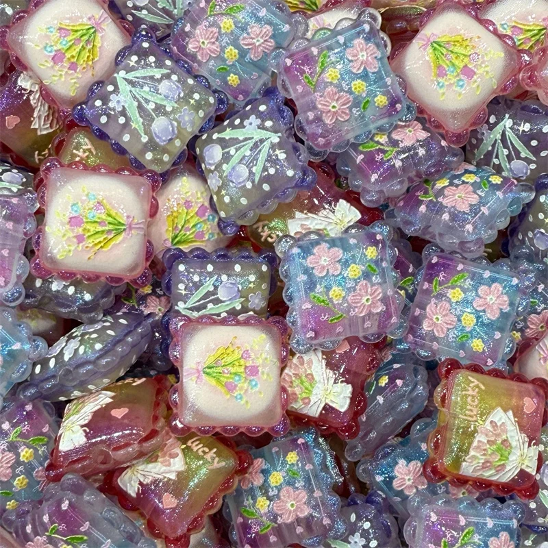 Summer style 50pcs/lot 19mm color flowers pattern print geometry square shape acrylic beads diy jewelry garment hair accessory