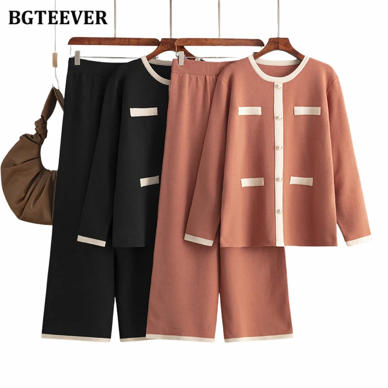 BGTEEVER Elegant Women 2 Pieces Knitted Sweaters Set Single-breasted Cardigans Female Wide Leg Trousers Winter Knitted Set