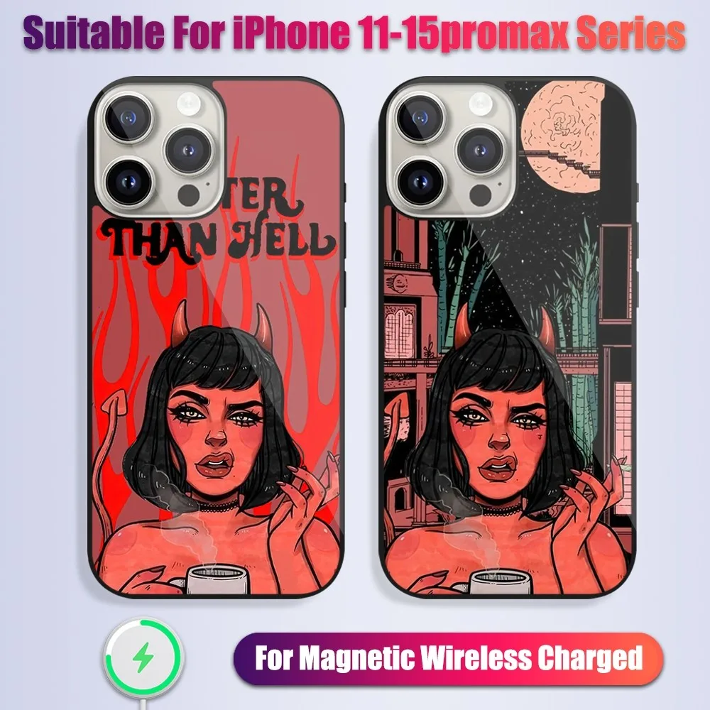 Devil Girl Comic Phone Case For iPhone 13 14 15 11 12 Pro Max Plus Wireless Glass Charging Magsafe Magnetic Shell