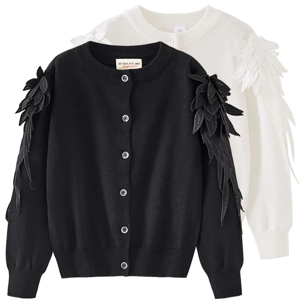 2026 Spring Autumn Girls 3D Wing Lace Knit Cardigan Kids Button Down Long Sleeve Sweater Coat Children Cute Party Knitwear Tops