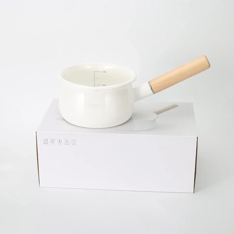 Hot Enamel Milk Pot Wooden Handle Gas Stove Induction Cooker Baby Breakfast Milk Coffee Pot Cookware Single Handle Pan