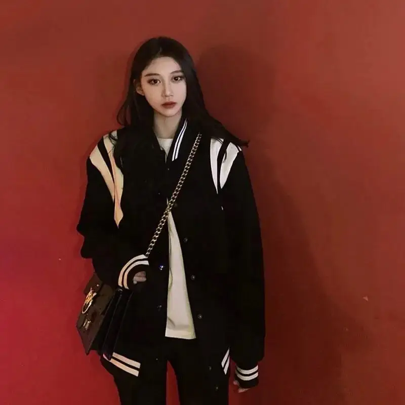 Streetwear Red Bomber Jacket Women Sweatshirt Baseball Jersey Stand Collar Coat Loose Outerwear Long Sleeve Harajuku Crop Top