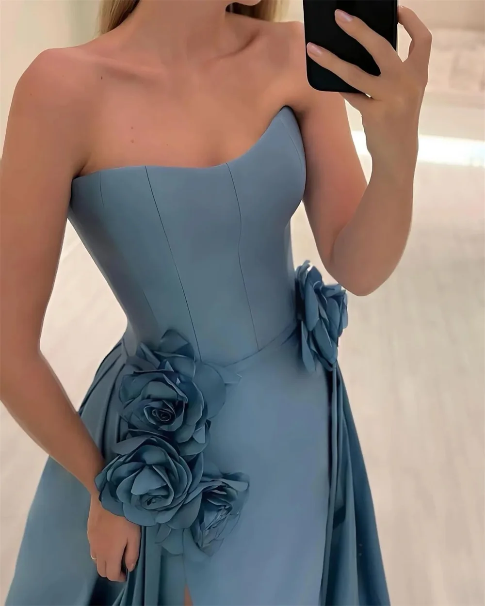 Bella Blue Satin Strapless Prom Dresses Elegant Sleeveless Evening Dress Side High Split Floor-length Vestidos De Fiesta 2024