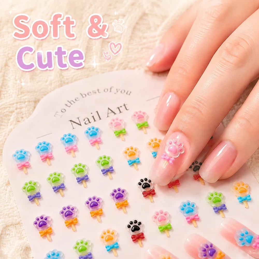 50Pcs Festival Gift Resin Nail Ornaments Cat Paw Magic Wand Bow Studs Cute Cartoon Nail Salon Supplies