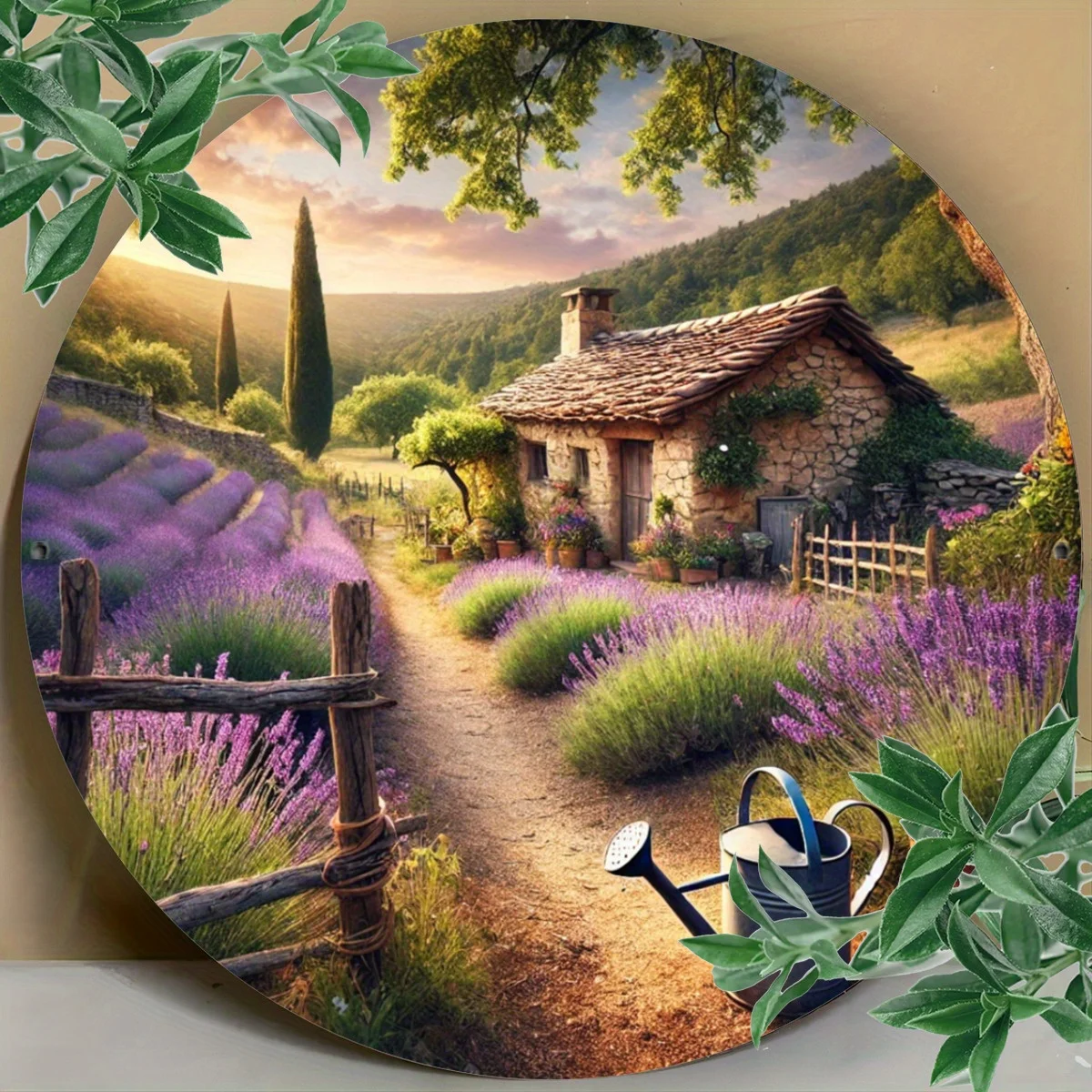 2D Flat - 1pc Lavender Field Cottage Theme Round Metal Sign, 20x20cm Iron Wall Art, Indoor & Outdoor Decorative Plaque for Home,