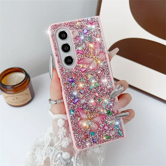 

Glitter Diamond Butterfly Brilliant Phone Case for Samsung Galaxy Z Fold 7 6 5 4 3 Fold7 Fold6 Protective Cover Women Girl