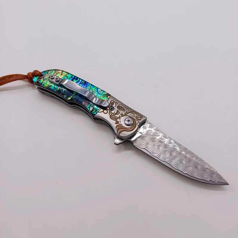 Outdoor Damascus steel steel outdoor self-defense folding knife Caibei acid wood handle sharp knife