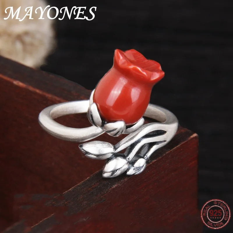 

925 Sterling Silver Charm Rose Ring for Women Set with South Red Agate Flower and Leaf Adjustable Jewelry