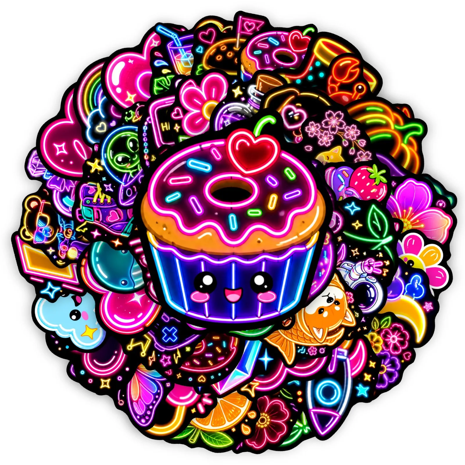 50 PCS Colorful Neon Fluorescent Light Cartoon Fun Stickers Decorate Luggage Phone Case Skateboard Helmet Bike Waterproof Decals