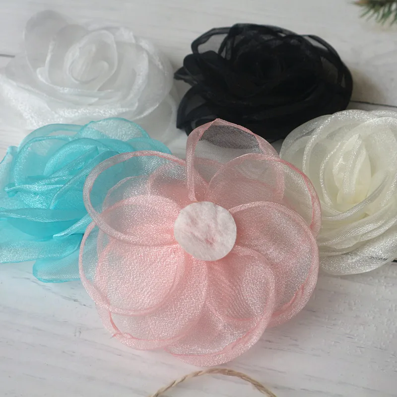 10PCS 8CM Artificial Flowers Head Organza Fabric Hairpin Corsage Wedding Dress Clothing Making Accessories Silk Flowers