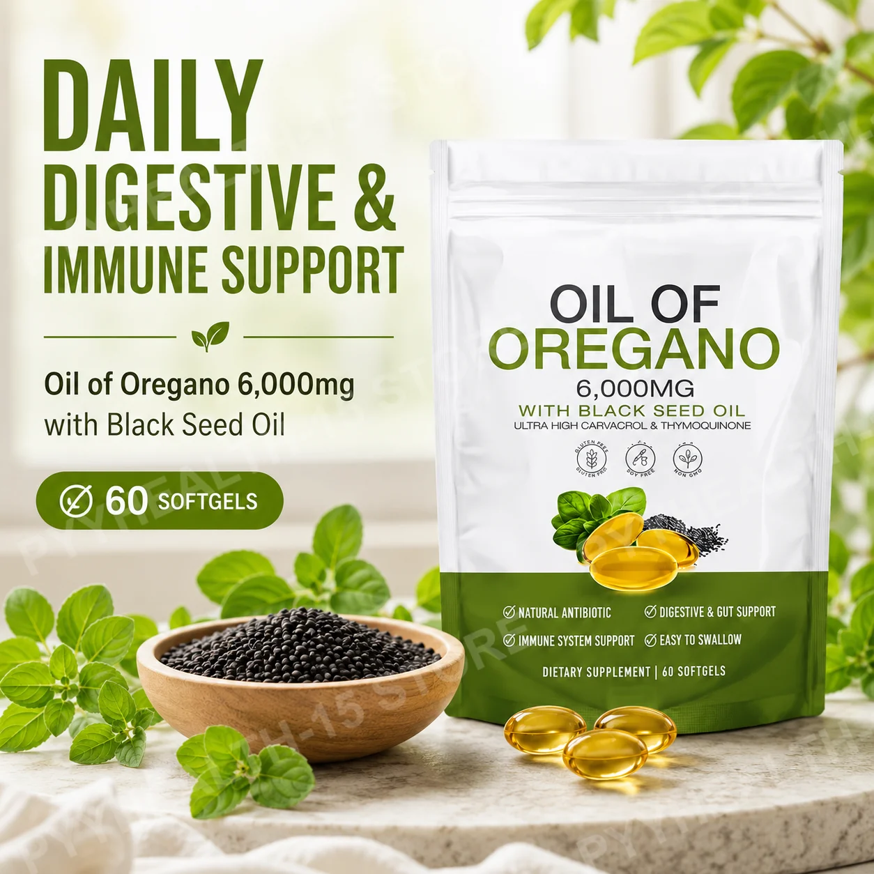

Oil of Oregano with Black Seed Oil Softgels 6000mg 200mg Easy to Swallow Daily Herbal Wellness Supplement Adults 60 Softgels