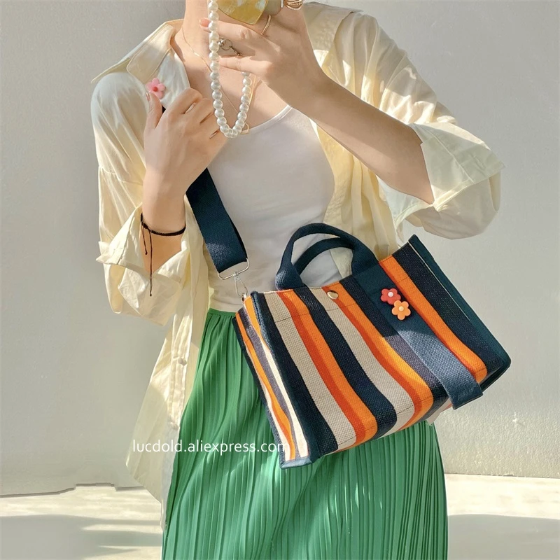 Rainbow striped cotton and linen canvas bag women\'s waterproof bags new one-shoulder large messenger bag portable commuter tote